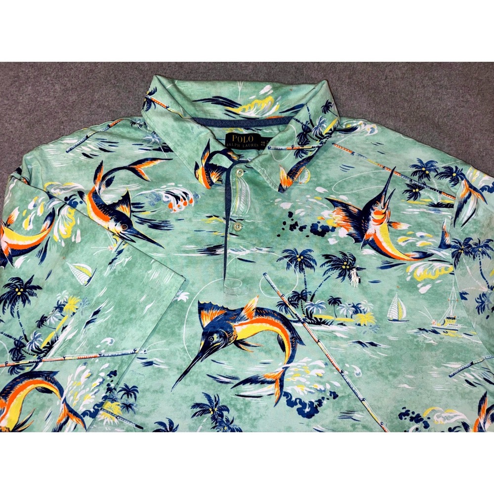 Polo Ralph Lauren Marlin Fishing Tropical Print Polo Shirt Green Mens 4XB 4TG